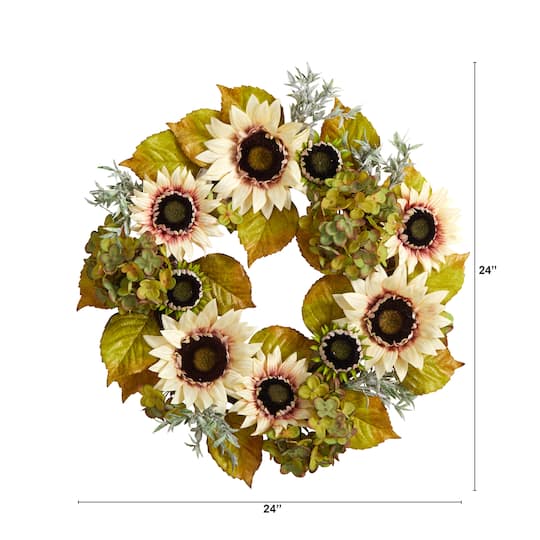 24" White Sunflower & Hydrangea Artificial Autumn Wreath